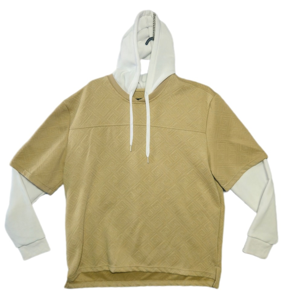 G-Net Hoodie Men XL Tan Greek Key Pattern Layered Look Long Sleeve Streetwear